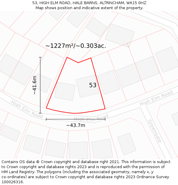 53, HIGH ELM ROAD, HALE BARNS, ALTRINCHAM, WA15 0HZ: Plot and title map