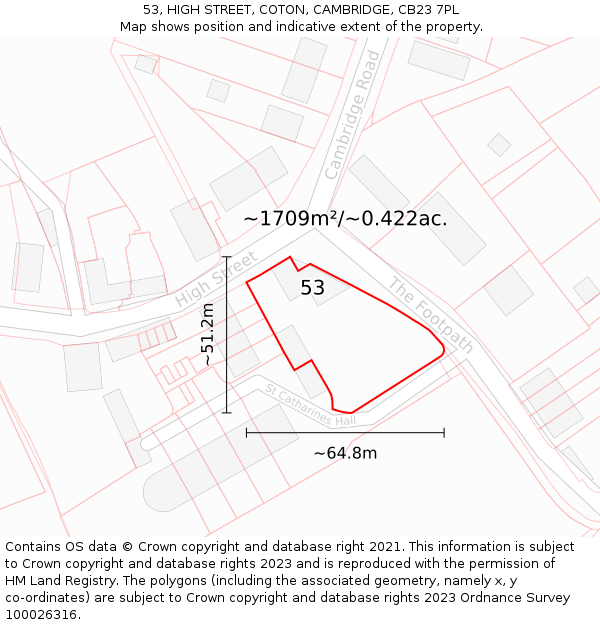 53, HIGH STREET, COTON, CAMBRIDGE, CB23 7PL: Plot and title map