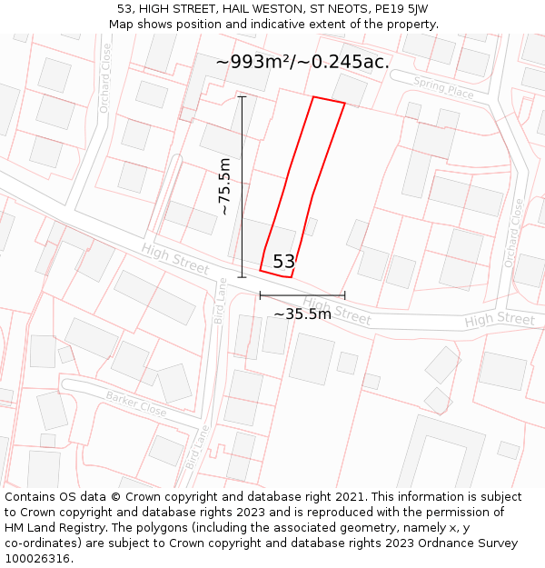 53, HIGH STREET, HAIL WESTON, ST NEOTS, PE19 5JW: Plot and title map