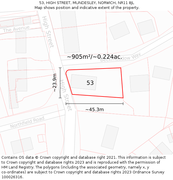 53, HIGH STREET, MUNDESLEY, NORWICH, NR11 8JL: Plot and title map