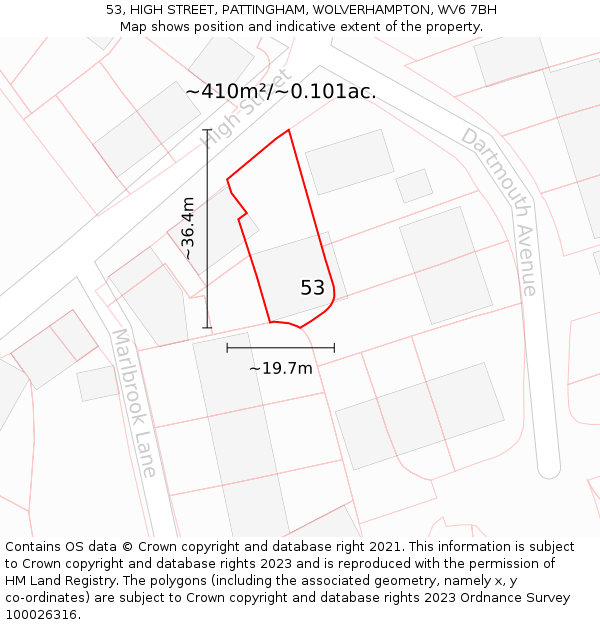 53, HIGH STREET, PATTINGHAM, WOLVERHAMPTON, WV6 7BH: Plot and title map