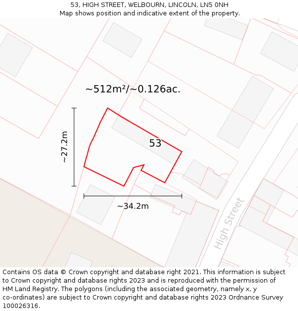 53, HIGH STREET, WELBOURN, LINCOLN, LN5 0NH: Plot and title map