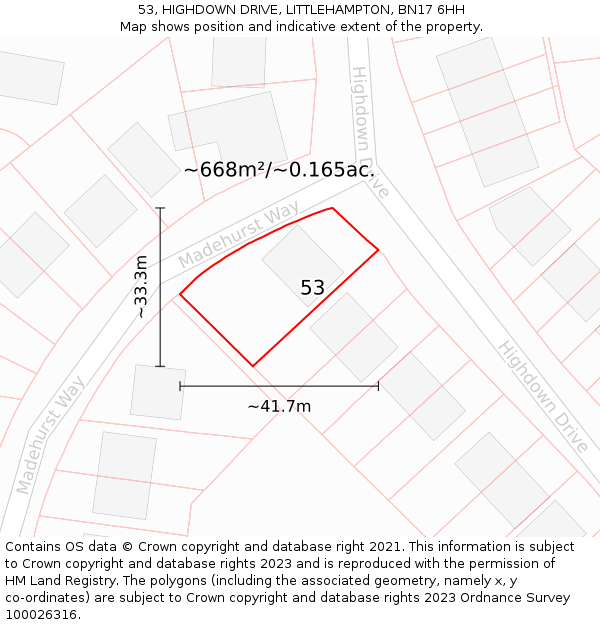 53, HIGHDOWN DRIVE, LITTLEHAMPTON, BN17 6HH: Plot and title map