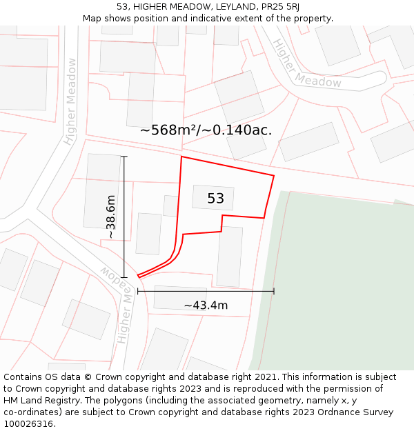 53, HIGHER MEADOW, LEYLAND, PR25 5RJ: Plot and title map