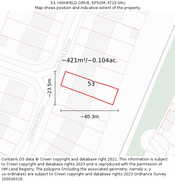 53, HIGHFIELD DRIVE, EPSOM, KT19 0AU: Plot and title map