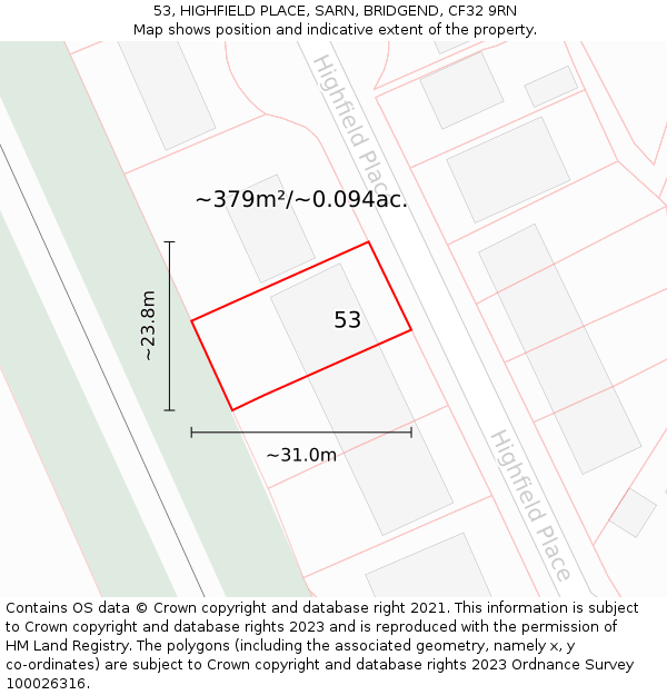 53, HIGHFIELD PLACE, SARN, BRIDGEND, CF32 9RN: Plot and title map