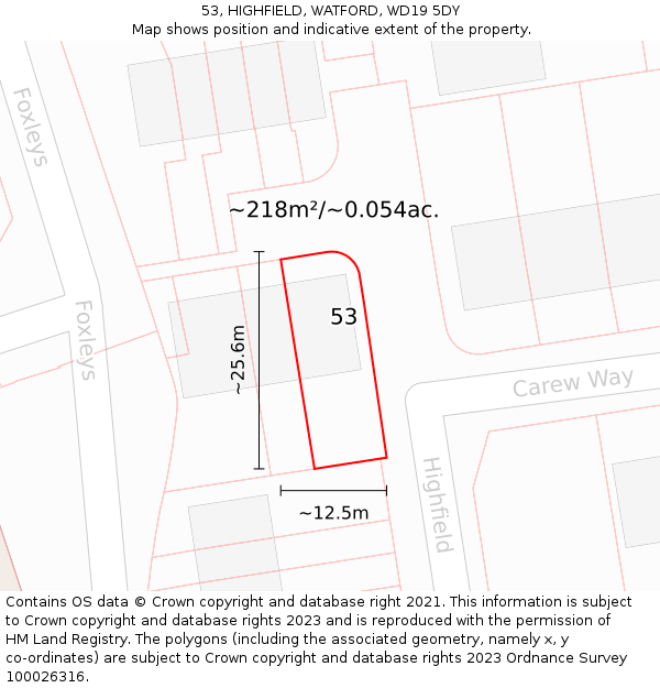 53, HIGHFIELD, WATFORD, WD19 5DY: Plot and title map