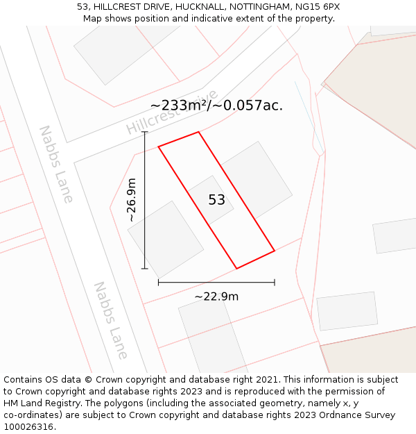 53, HILLCREST DRIVE, HUCKNALL, NOTTINGHAM, NG15 6PX: Plot and title map