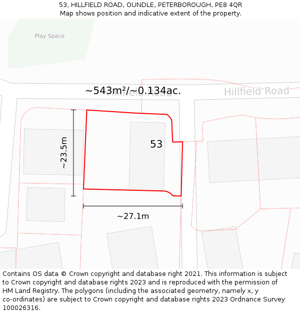 53, HILLFIELD ROAD, OUNDLE, PETERBOROUGH, PE8 4QR: Plot and title map