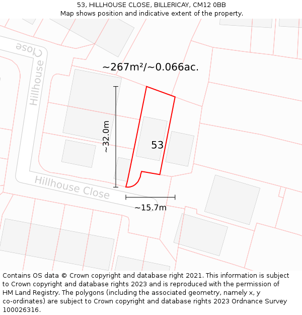 53, HILLHOUSE CLOSE, BILLERICAY, CM12 0BB: Plot and title map