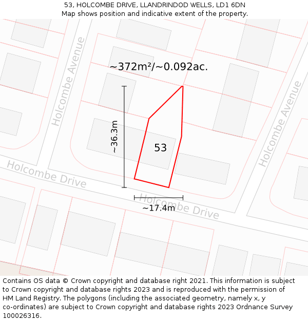 53, HOLCOMBE DRIVE, LLANDRINDOD WELLS, LD1 6DN: Plot and title map