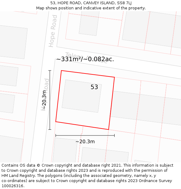 53, HOPE ROAD, CANVEY ISLAND, SS8 7LJ: Plot and title map
