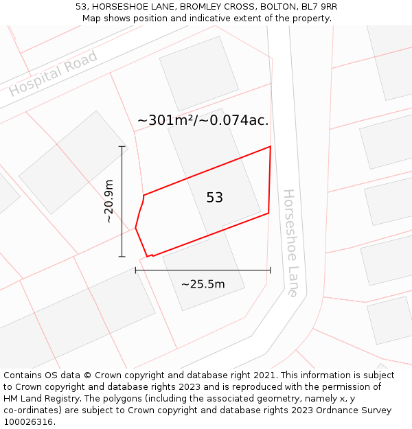 53, HORSESHOE LANE, BROMLEY CROSS, BOLTON, BL7 9RR: Plot and title map