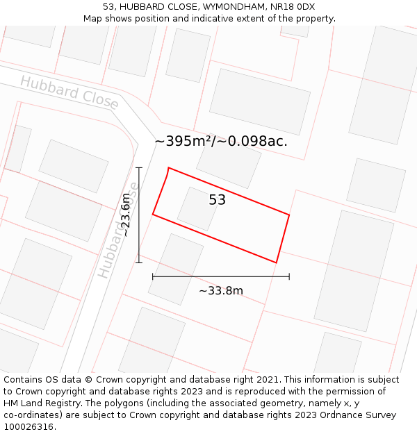 53, HUBBARD CLOSE, WYMONDHAM, NR18 0DX: Plot and title map