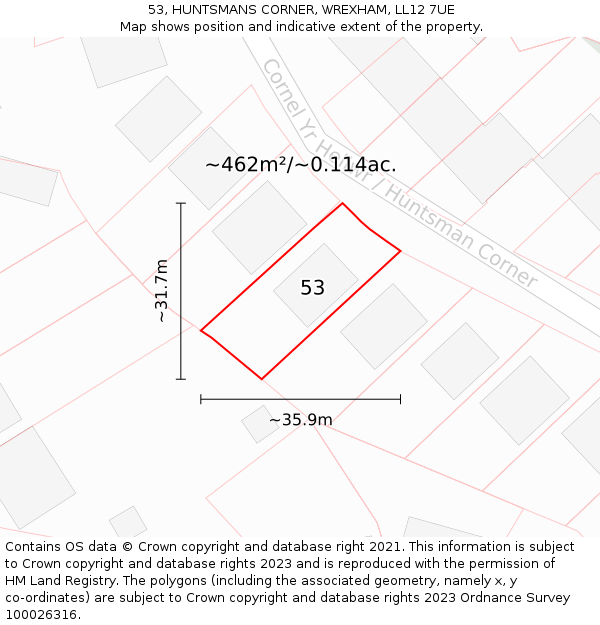 53, HUNTSMANS CORNER, WREXHAM, LL12 7UE: Plot and title map