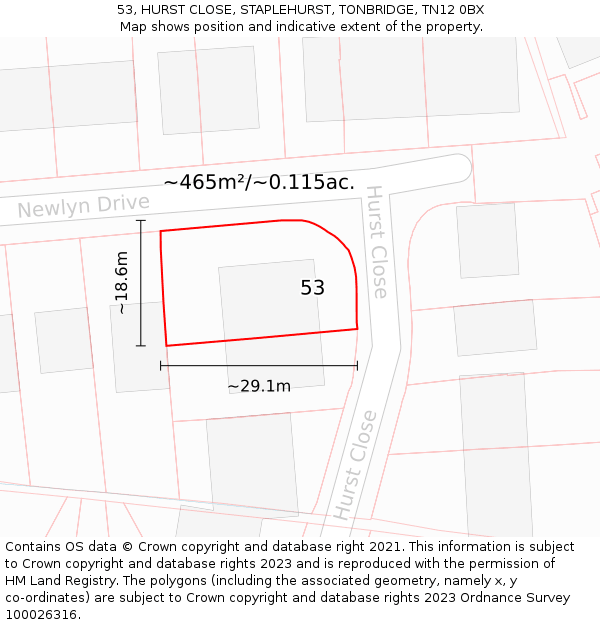 53, HURST CLOSE, STAPLEHURST, TONBRIDGE, TN12 0BX: Plot and title map