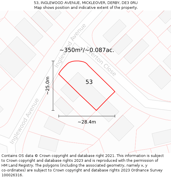 53, INGLEWOOD AVENUE, MICKLEOVER, DERBY, DE3 0RU: Plot and title map