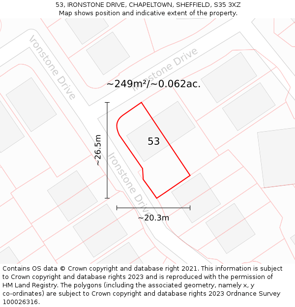 53, IRONSTONE DRIVE, CHAPELTOWN, SHEFFIELD, S35 3XZ: Plot and title map