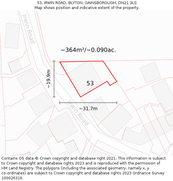53, IRWIN ROAD, BLYTON, GAINSBOROUGH, DN21 3LS: Plot and title map