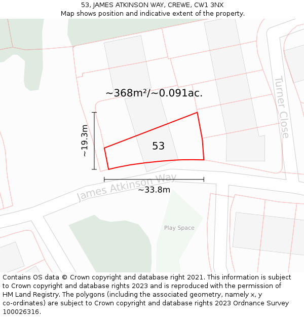 53, JAMES ATKINSON WAY, CREWE, CW1 3NX: Plot and title map