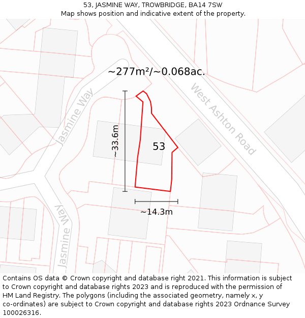 53, JASMINE WAY, TROWBRIDGE, BA14 7SW: Plot and title map