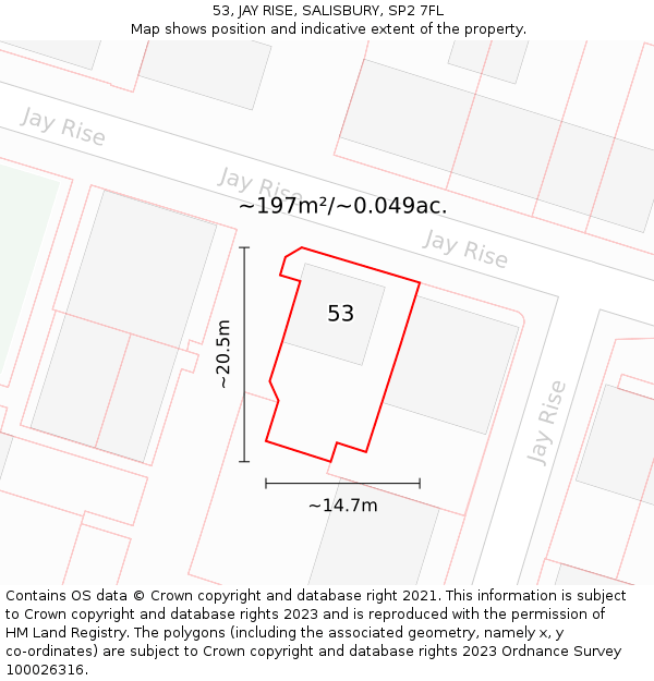 53, JAY RISE, SALISBURY, SP2 7FL: Plot and title map
