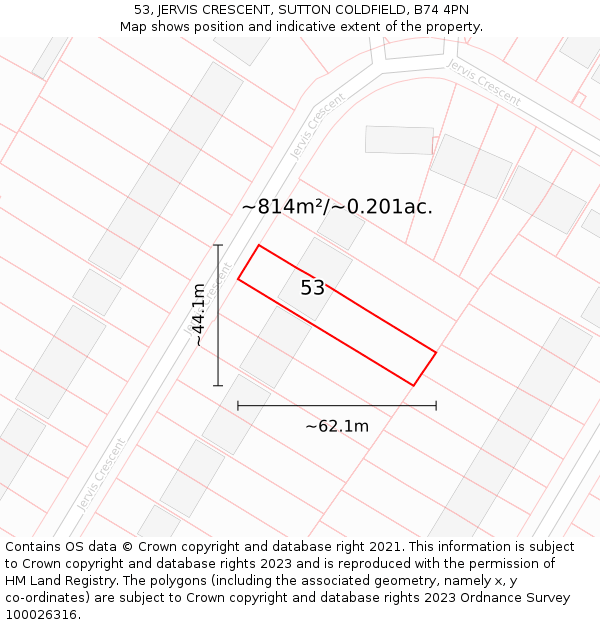 53, JERVIS CRESCENT, SUTTON COLDFIELD, B74 4PN: Plot and title map