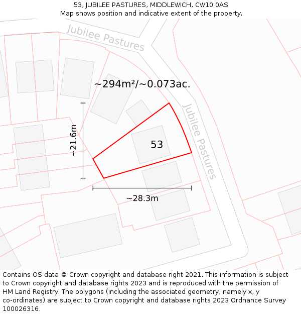 53, JUBILEE PASTURES, MIDDLEWICH, CW10 0AS: Plot and title map