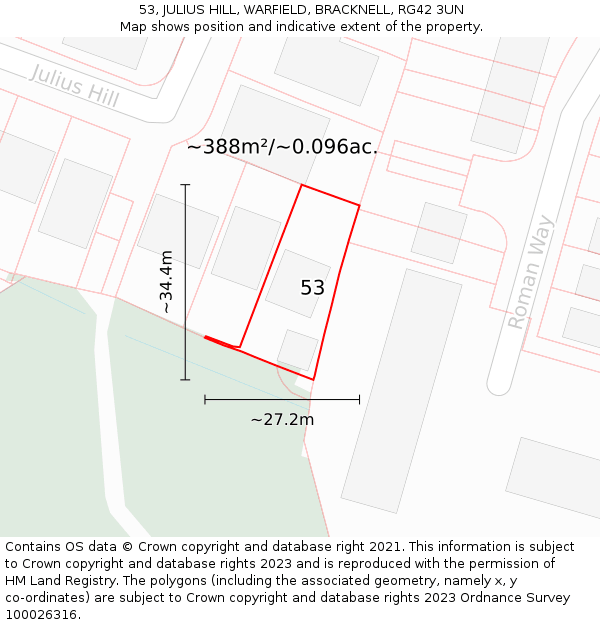53, JULIUS HILL, WARFIELD, BRACKNELL, RG42 3UN: Plot and title map