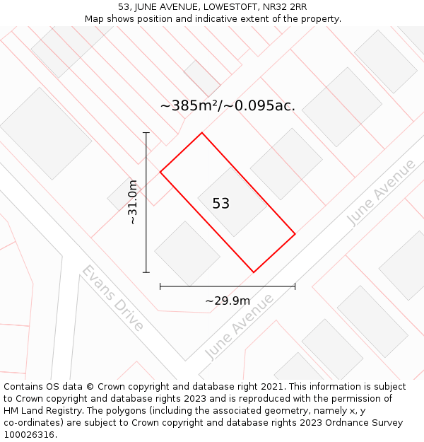53, JUNE AVENUE, LOWESTOFT, NR32 2RR: Plot and title map