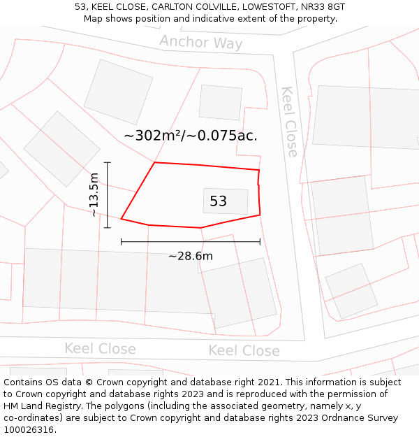 53, KEEL CLOSE, CARLTON COLVILLE, LOWESTOFT, NR33 8GT: Plot and title map