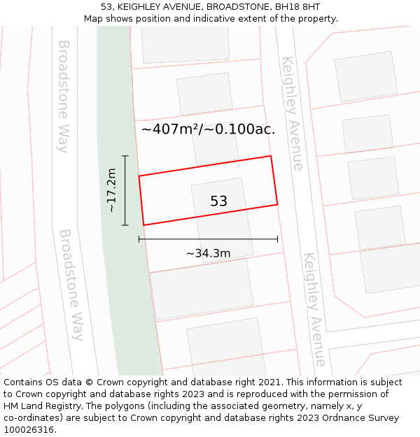 53, KEIGHLEY AVENUE, BROADSTONE, BH18 8HT: Plot and title map