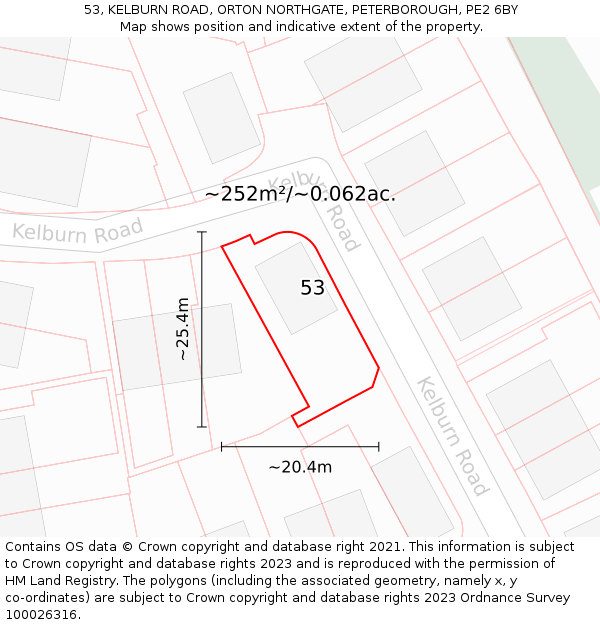 53, KELBURN ROAD, ORTON NORTHGATE, PETERBOROUGH, PE2 6BY: Plot and title map