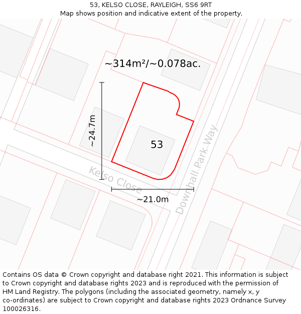 53, KELSO CLOSE, RAYLEIGH, SS6 9RT: Plot and title map