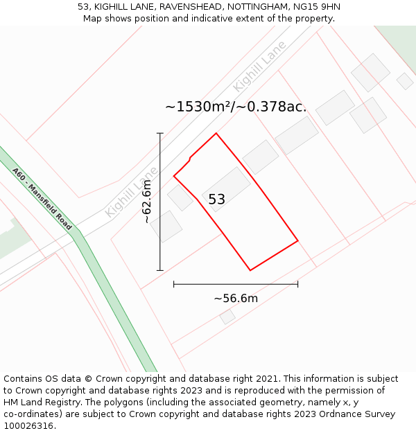 53, KIGHILL LANE, RAVENSHEAD, NOTTINGHAM, NG15 9HN: Plot and title map