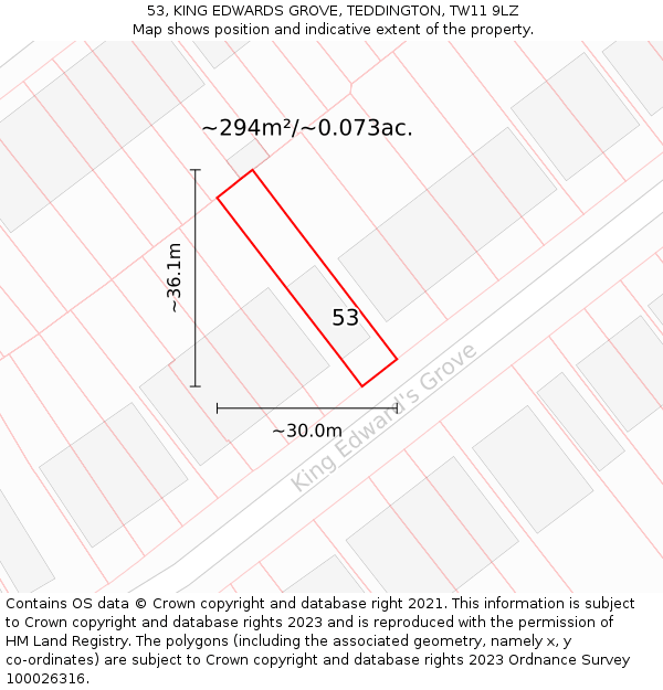 53, KING EDWARDS GROVE, TEDDINGTON, TW11 9LZ: Plot and title map