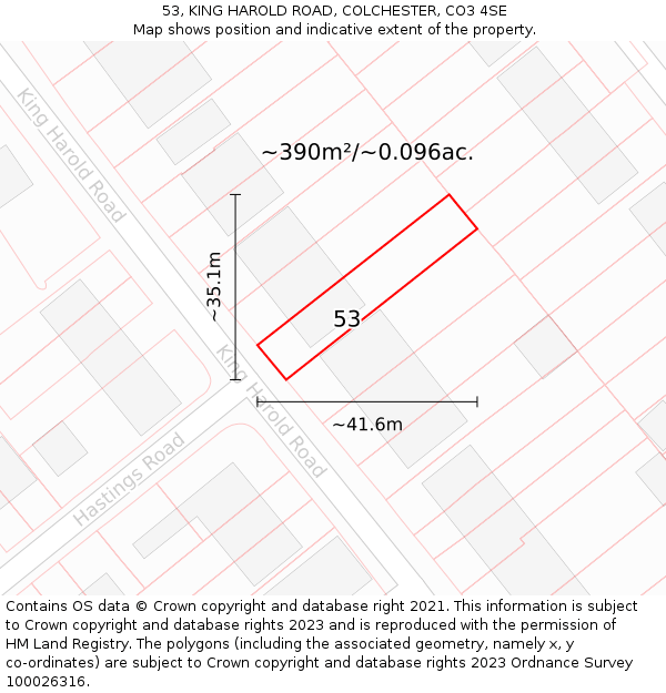 53, KING HAROLD ROAD, COLCHESTER, CO3 4SE: Plot and title map
