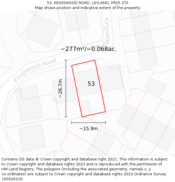 53, KINGSWOOD ROAD, LEYLAND, PR25 2TX: Plot and title map