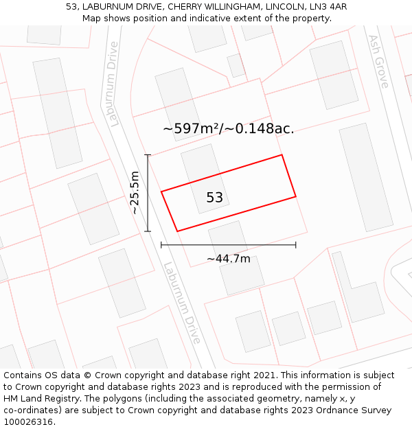 53, LABURNUM DRIVE, CHERRY WILLINGHAM, LINCOLN, LN3 4AR: Plot and title map