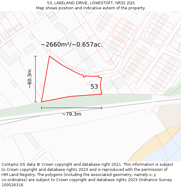 53, LAKELAND DRIVE, LOWESTOFT, NR32 2QS: Plot and title map