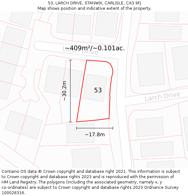 53, LARCH DRIVE, STANWIX, CARLISLE, CA3 9FJ: Plot and title map