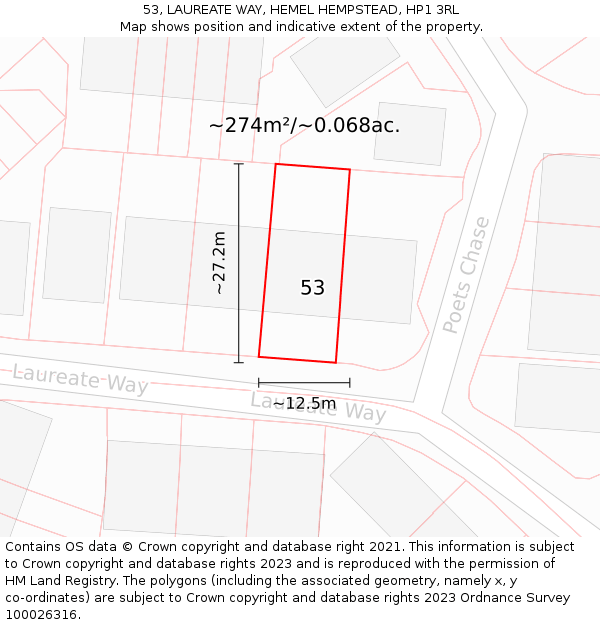 53, LAUREATE WAY, HEMEL HEMPSTEAD, HP1 3RL: Plot and title map