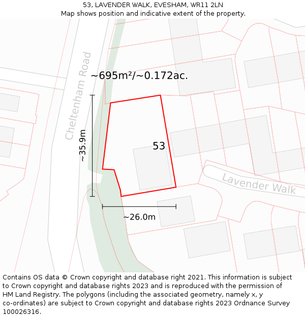 53, LAVENDER WALK, EVESHAM, WR11 2LN: Plot and title map