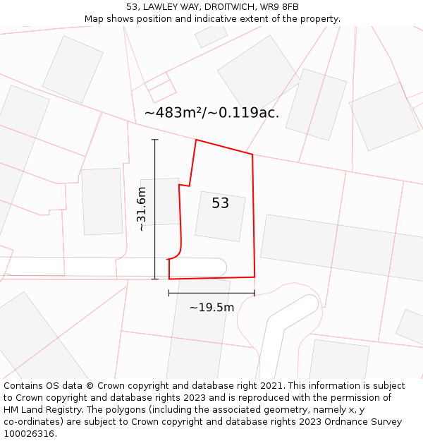 53, LAWLEY WAY, DROITWICH, WR9 8FB: Plot and title map