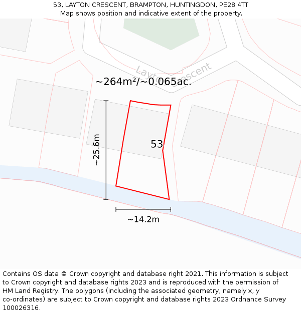 53, LAYTON CRESCENT, BRAMPTON, HUNTINGDON, PE28 4TT: Plot and title map