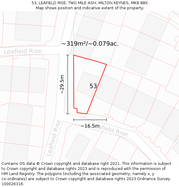 53, LEAFIELD RISE, TWO MILE ASH, MILTON KEYNES, MK8 8BX: Plot and title map