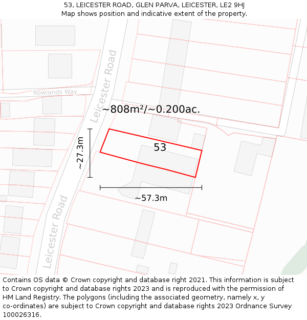 53, LEICESTER ROAD, GLEN PARVA, LEICESTER, LE2 9HJ: Plot and title map