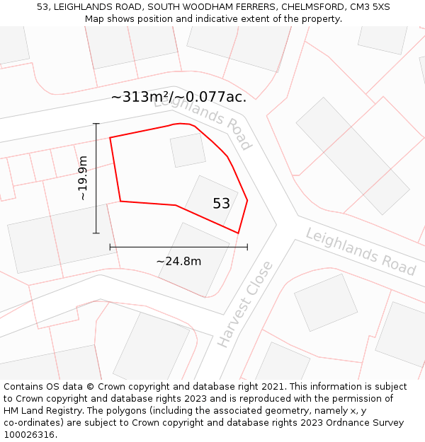 53, LEIGHLANDS ROAD, SOUTH WOODHAM FERRERS, CHELMSFORD, CM3 5XS: Plot and title map
