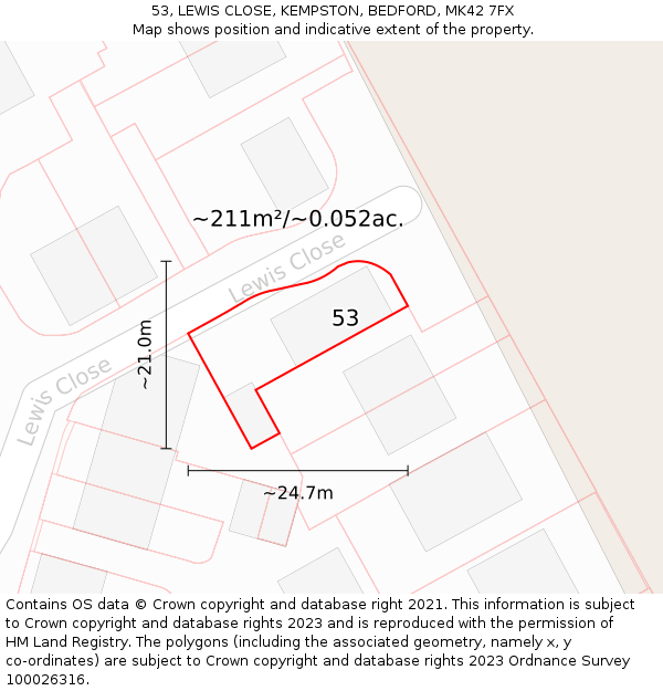 53, LEWIS CLOSE, KEMPSTON, BEDFORD, MK42 7FX: Plot and title map