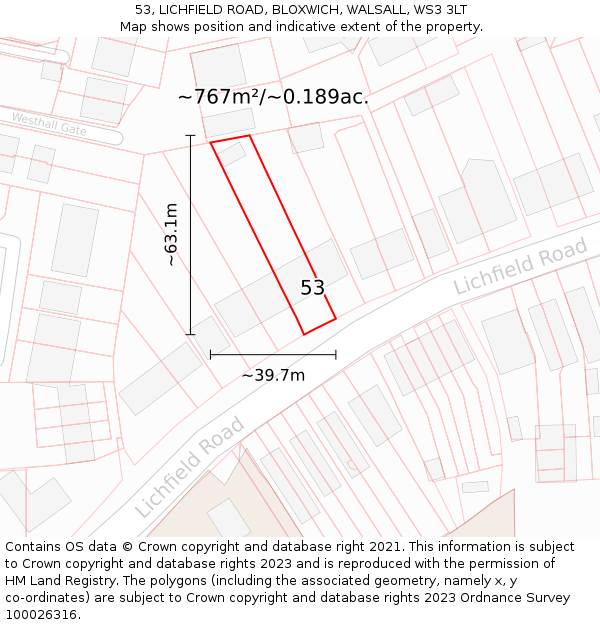 53, LICHFIELD ROAD, BLOXWICH, WALSALL, WS3 3LT: Plot and title map